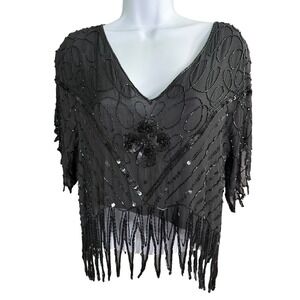 Vintage Metamorphosis Blouse M Black Silk Fringed Bead Sequins Gatsby  Short